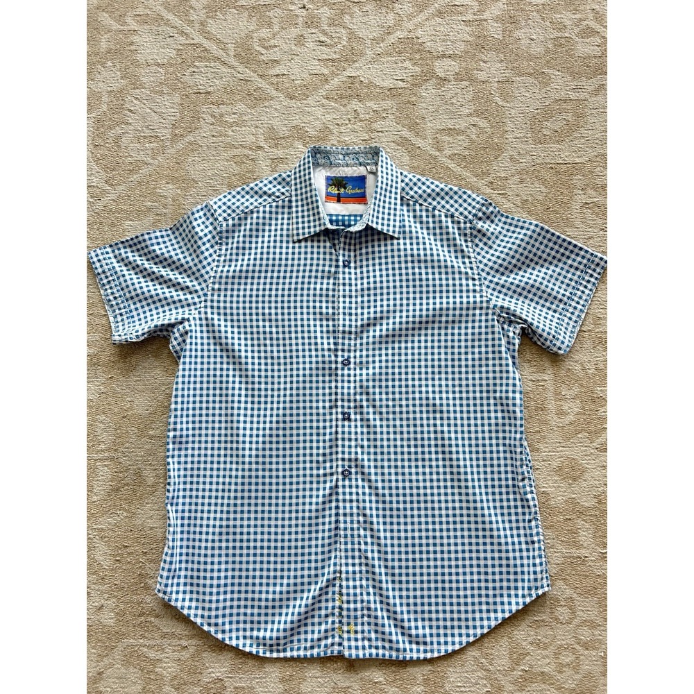 Robert Graham Mens XL Short Sleeve Flip Sleeve Button Down Shirt Plaid Blue